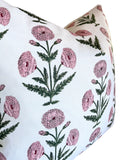 Pink Carnations Block Printed Canvas Pillow Cover: Available in 10 Sizes - Annabel Bleu