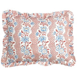 French Dominotes Pink and Blue Pillow Cover / Block Printed Ruffle Pillow Cover 12x16” / Cottage Core Decor - Annabel Bleu