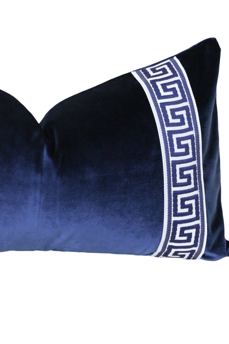 Extra Long Lumbar - 14x36 Light Blue Velvet Pillow Cover with Large Greek Key (shown with shops navy trim; select trim color)