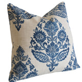 Antique Blue Damask Pillow Cover / Blue Beige Floral Cushion / Damask Pillow Cover / French Country Pillow Cover / Block Print Pillow Cover - Annabel Bleu