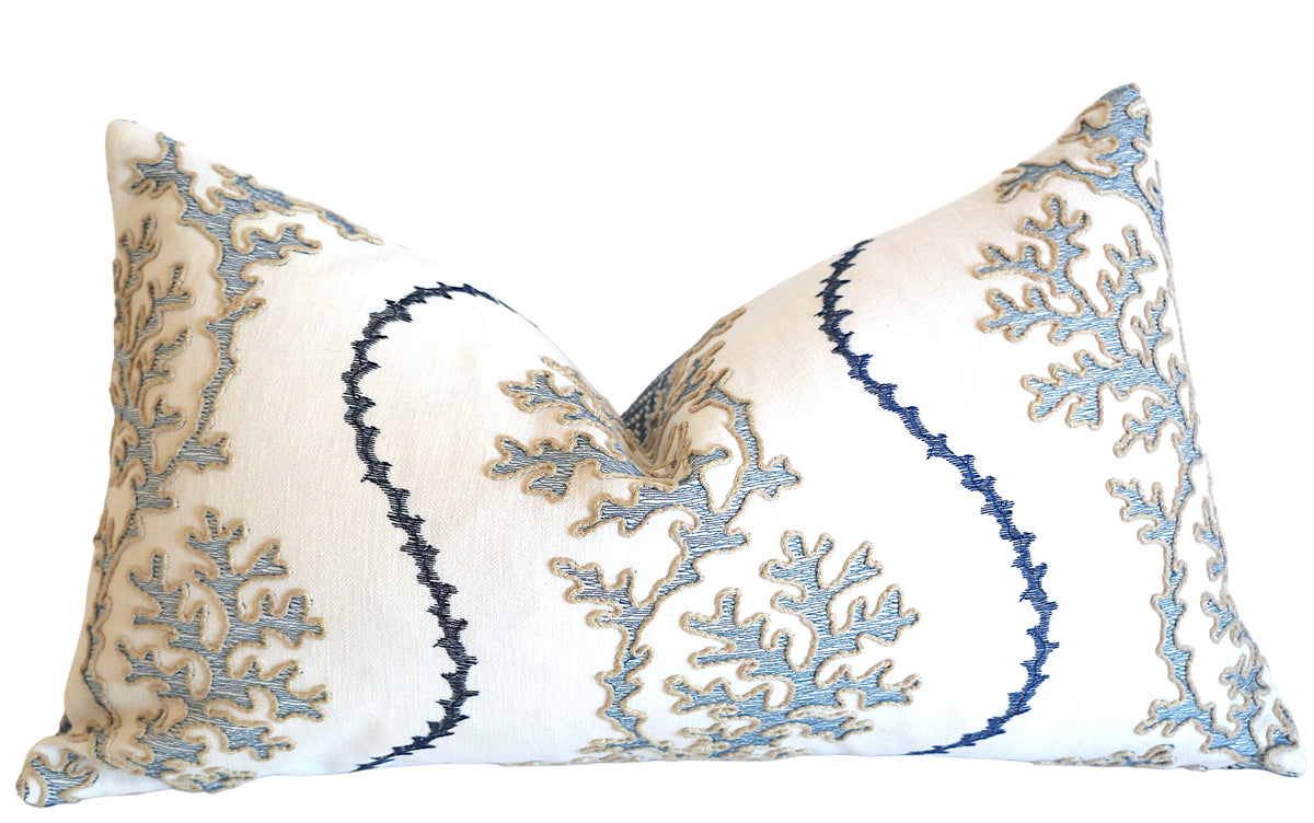 White Beige And Navy Throw Pillows Navy Reef: Nautical Embroidered