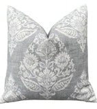 Antique Blue Damask Pillow Cover / Blue Beige Floral Cushion / Damask Pillow Cover / French Country Pillow Cover / Block Print Pillow Cover - Annabel Bleu