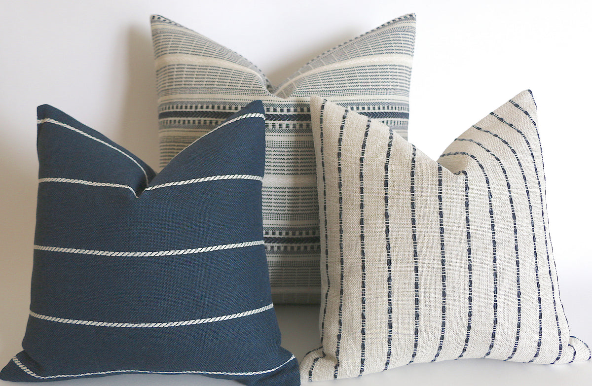Indigo Farmhouse Navy Pillow Cover Vintage Style Pillow Cover Striped  Performance Pillow Cover