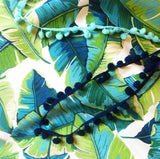 Pom Pom Pillow Cover / Tropical Teal Lime and Navy Palm Leaves Pillow Cover / Outdoor Pillow Lumbar / Aqua Turquoise Outdoor Pillow cover - Annabel Bleu