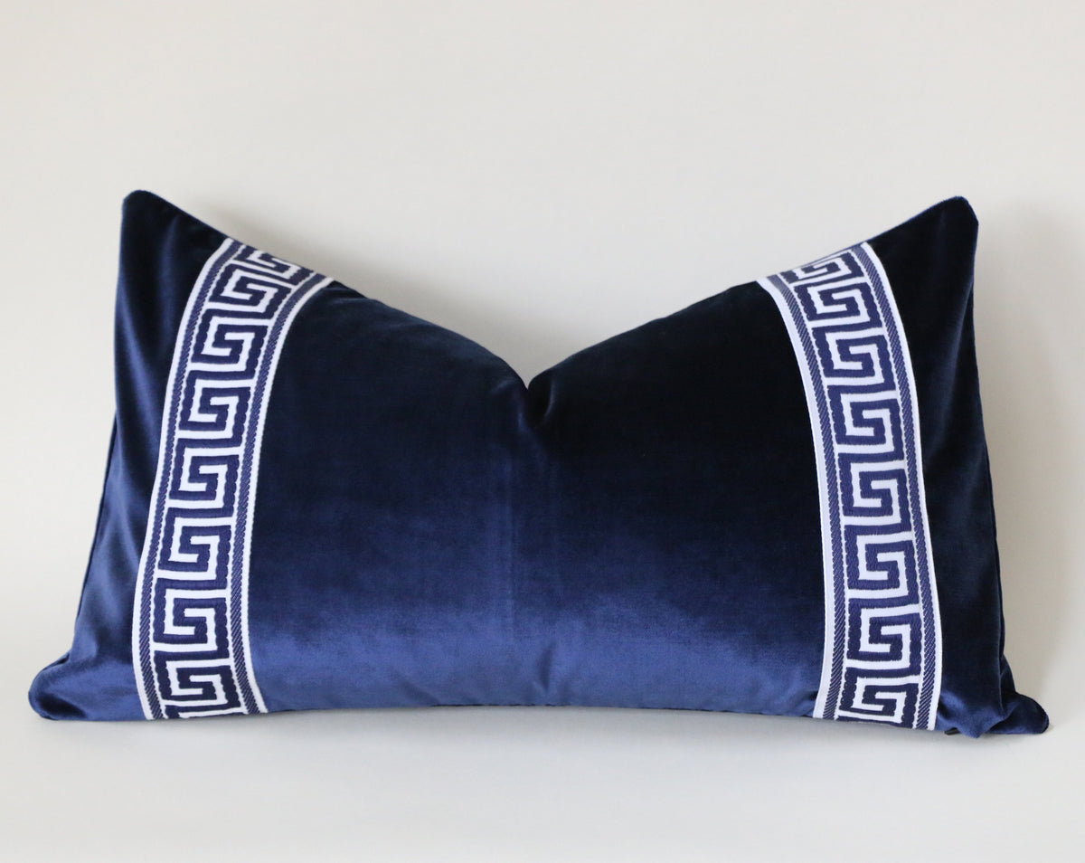 Navy Velvet Pillow Cover with Navy Greek Key Trim Annabel Bleu