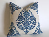 Antique Blue Damask Pillow Cover / Blue Beige Floral Cushion / Damask Pillow Cover / French Country Pillow Cover / Block Print Pillow Cover - Annabel Bleu