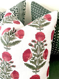 Red & Green Carnation Bouquet Block Printed Linen Pillow Cover: Available in 10 Sizes - Annabel Bleu