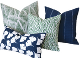 Santa Cruz Collection: Blue and Green Outdoor Pillow Covers / Navy Striped Pillow cover / Green Patio Pillow / Banana Leaf Pillow Cover - Annabel Bleu