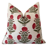 Red & Green Carnation Bouquet Block Printed Linen Pillow Cover: Available in 10 Sizes - Annabel Bleu