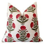 Red & Green Carnation Bouquet Block Printed Linen Pillow Cover: Available in 10 Sizes - Annabel Bleu