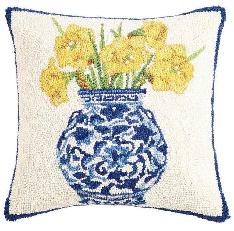 Chinoiserie Vase Hooked Pillow with Yellow Tulips Annabel Bleu
