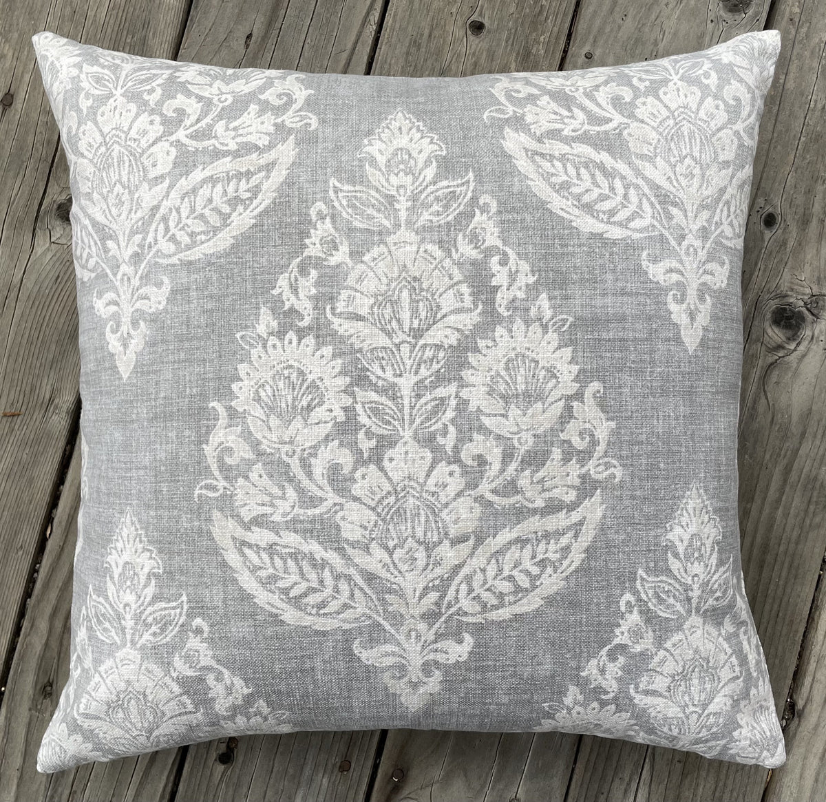 Block Print Damask Pillow Cover Grey Beige Floral Cushion