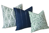 Santa Cruz Collection: Blue and Green Outdoor Pillow Covers / Navy Striped Pillow cover / Green Patio Pillow / Banana Leaf Pillow Cover - Annabel Bleu