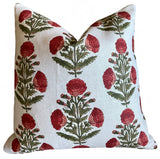 Red & Green Carnation Bouquet Block Printed Linen Pillow Cover: Available in 10 Sizes - Annabel Bleu
