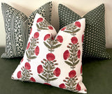 Red & Green Carnation Bouquet Block Printed Linen Pillow Cover: Available in 10 Sizes - Annabel Bleu