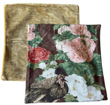 Sale: Set of Two Pillow Covers, Schumacher Floral Chickens & Gold Mohair - Annabel Bleu