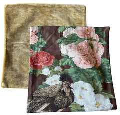 Sale: Set of Two Pillow Covers, Schumacher Floral Chickens & Gold Mohair
