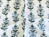 Light Blue and Green Block Printed Petunias on Heavyweight Cotton / Home Decor and Upholstery Fabric by the Yard