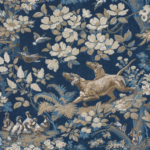 Schumacher Hound Meadow Fabric by the yard: Indigo Blue Hunting Toile - Annabel Bleu