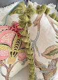 Bedroom Pillow Set: Schumacher Indian Arbre Pillows with Tassel and Velvet Piping Trim - Annabel Bleu