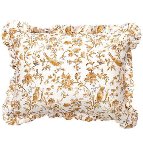 Ochre Yellow “Birds and Flowers” Pillow Cover / Block Printed Ruffle Pillow Cover 12x16” / Cottage Core Decor - Annabel Bleu