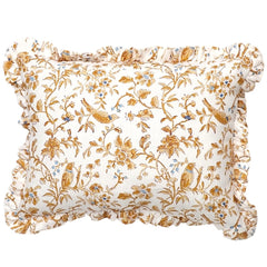 Ochre Yellow “Birds and Flowers” Pillow Cover / Block Printed Ruffle Pillow Cover 12x16” / Cottage Core Decor