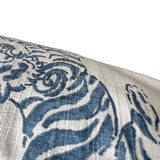 Close up texture of Chinoiserie Blue Tigers on White linen texture background
