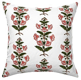 Coral Pink and Dark Green Petunia Block Printed Canvas Pillow Cover: Available in 10 Sizes