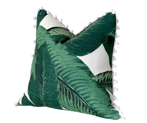 Banana Leaf pillow cover: Linen with Pom poms / Banana 18x18 / Hollywood Regency Pillow / Beverly Hills Banana Leaves Pillow Cover