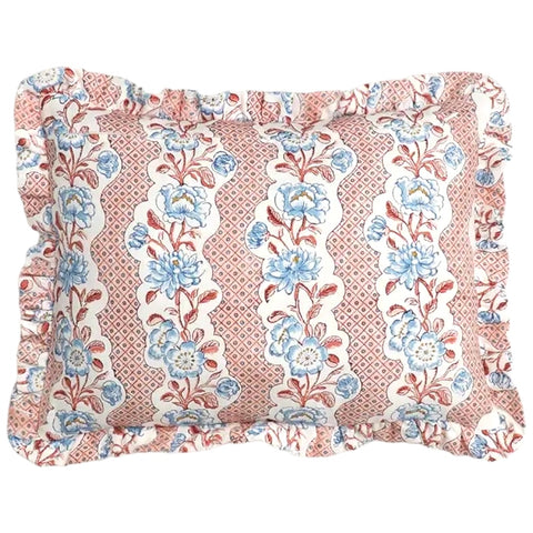 French Dominotes Pink and Blue Pillow Cover / Block Printed Ruffle Pillow Cover 12x16” / Cottage Core Decor