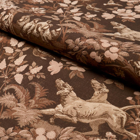 Schumacher Hound Meadow Fabric by the yard: Sepia Brown Hunting Toile - Annabel Bleu