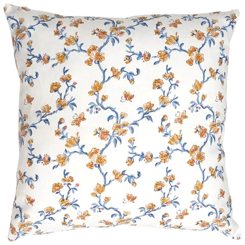 Yellow and Blue Floral Pillow Cover / Block Printed Pillow Cover 20x20” / Cottage Core Decor