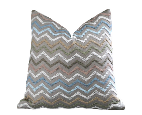 Osborne & Little Taggia Pillow Cover / 18x18 or 16x16 Embroidered Pillow / Blue Beige Chevron Pillow Cover / Taggia F7174-01