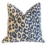 10 Sizes Available: Schumacher Navy Blue and Beige Iconic Leopard Decorative Pillow Cover, Double Sided