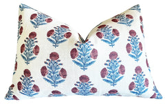 Red & Blue Carnation Bouquet Block Printed Linen Pillow Cover: Available in 10 Sizes