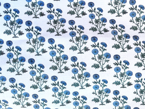 Block Printed Blue Floral on Heavyweight Linen / Home Decor and Upholstery Fabric by the Yard