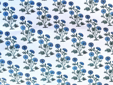 Block Printed Blue Floral on Heavyweight Linen / Home Decor and Upholstery Fabric by the Yard - Annabel Bleu