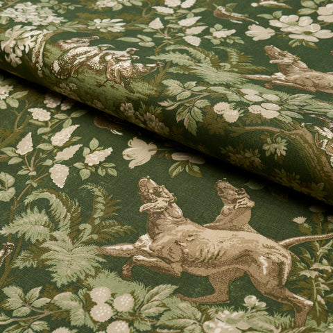 Schumacher Hound Meadow Fabric by the yard: Forest Green Hunting Toile - Annabel Bleu