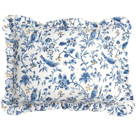 Indigo Blue “Birds and Flowers” Pillow Cover / Block Printed Ruffled Pillow Cover 12x16” / Cottage Core Decor - Annabel Bleu
