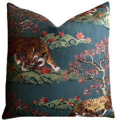 Prowl: Pindler Spruce Green Embroidered Tiger Pillow Cover / Japanese Decorative Pillow Cover / Chinoiserie Pillow Cover