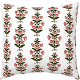 Coral Pink and Dark Green Petunia Block Printed Canvas Pillow Cover: Available in 10 Sizes