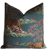 Prowl: Deep Green Embroidered Tiger Pillow Cover / Japanese Decorative Pillow Cover / Chinoiserie Pillow Cover - Annabel Bleu