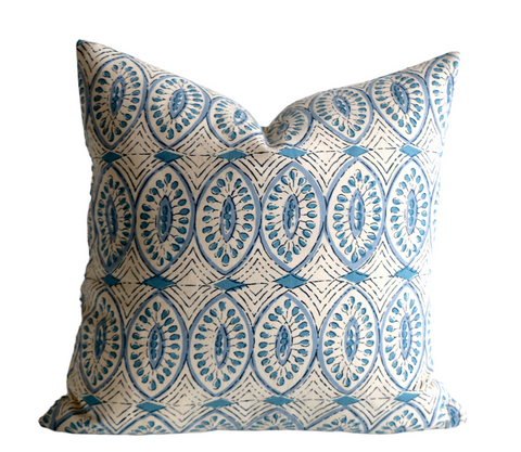 Aqua Batik Pillow Cover / Block Printed Pillow / Cotton Block Print Pillow Case / Blue Cream Cushion Cover