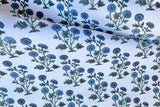 Block Printed Blue Floral on Heavyweight Linen / Home Decor and Upholstery Fabric by the Yard - Annabel Bleu