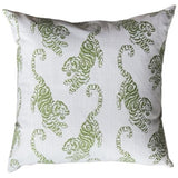 Chinoiserie Green Tigers on White linen texture background