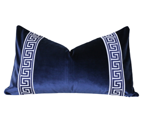 Navy Velvet Pillow Cover with Navy Greek Key Trim