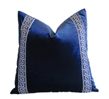 Navy Velvet Pillow Cover with Navy Greek Key Trim