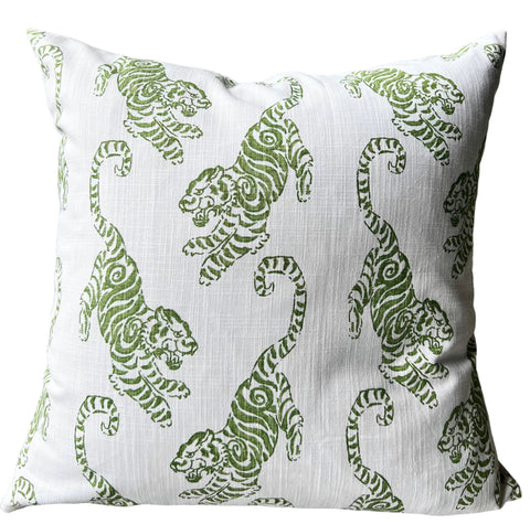 Chinoiserie Green Tigers on White linen texture background