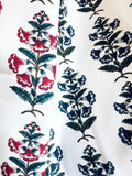 Navy Blue and Dark Green Block Printed Petunias on Heavyweight Cotton / Home Decor and Upholstery Fabric by the Yard