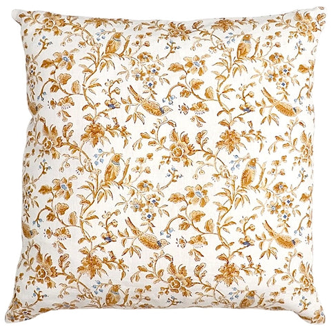Ochre Yellow “Birds and Flowers” Pillow Cover / Block Printed Pillow Cover 20x20” / Cottage Core Decor